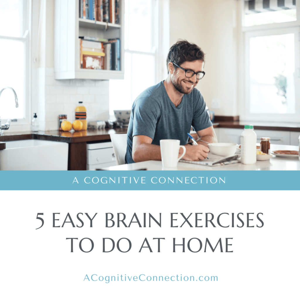 Blog graphic with image of a man sitting at a kitchen table smiling and title "5 Easy Brain Exercises to Do at Home"