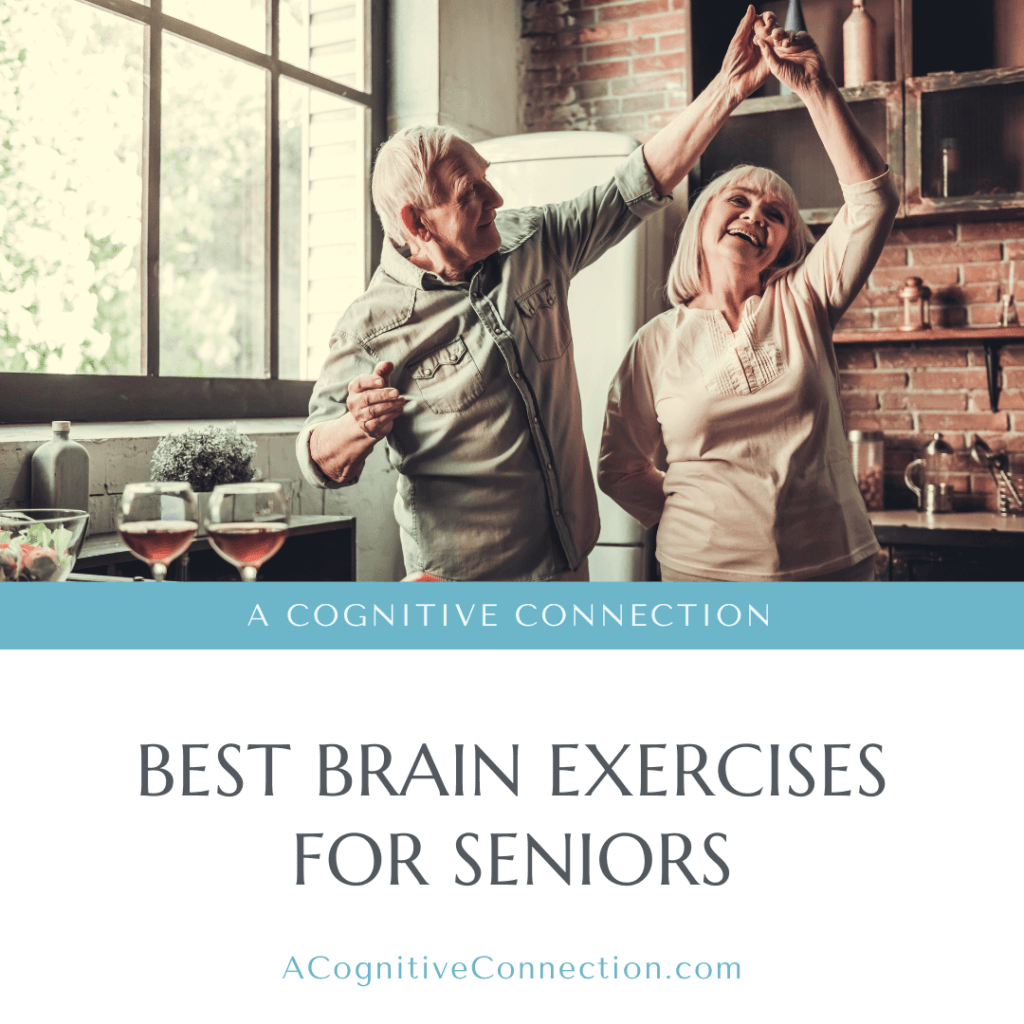 The graphic shows an elderly couple dancing in the kitchen. On the bottom portion of the graphic is the title of the blog, which reads, "Best Brain Exercises For Seniors."