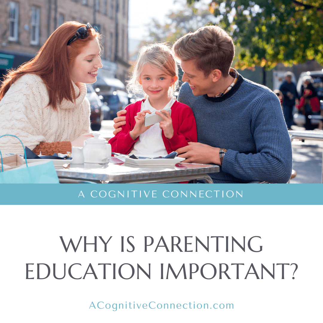 This graphic features an image of a man and woman sitting outside at a table looking at their smiling young daughter. On the bottom portion of the graphic is a a large white rectangle that houses the title of the blog, which reads, "Why Is Parenting Education Important?"