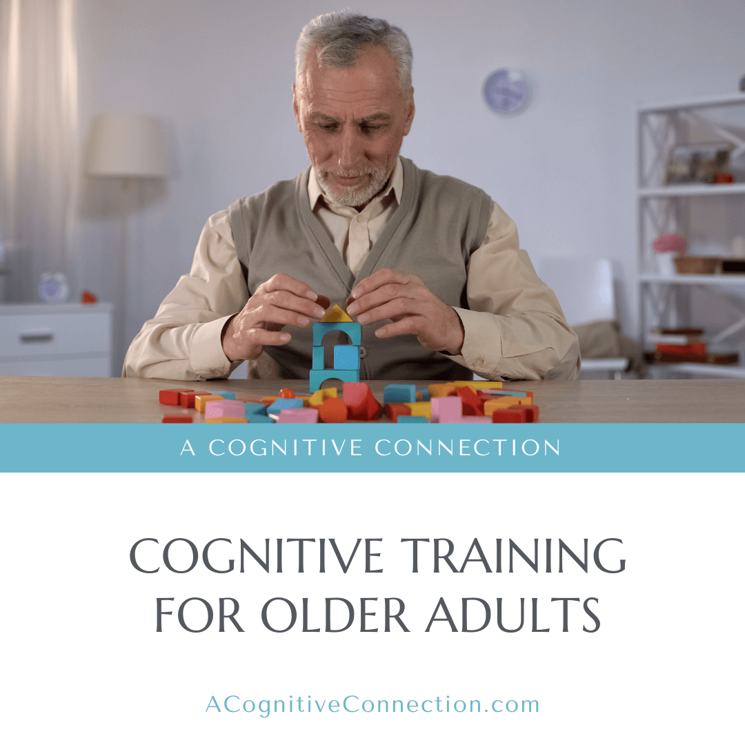 The graphic shows an older gentleman sitting at a table and training his mind by completing a block puzzle.