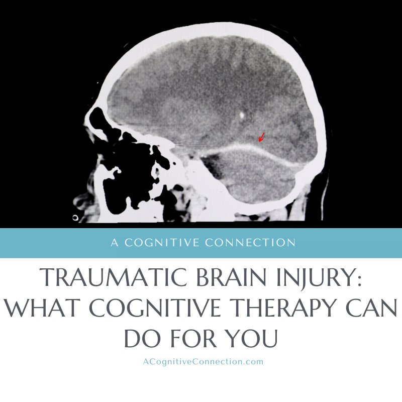 An image of a brain scan with the blog title "Traumatic Brain Injury: What Cognitive Therapy Can Do For You."